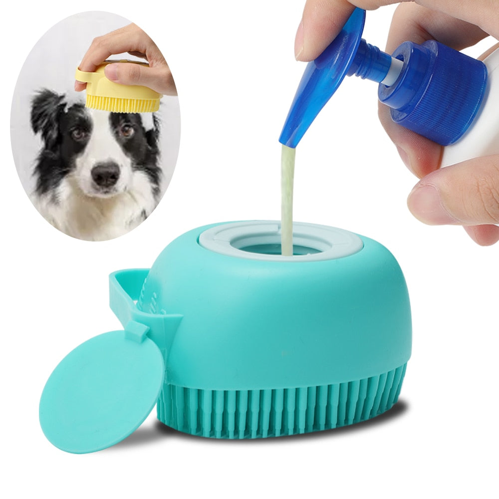 Dog bath brush with liquid container 